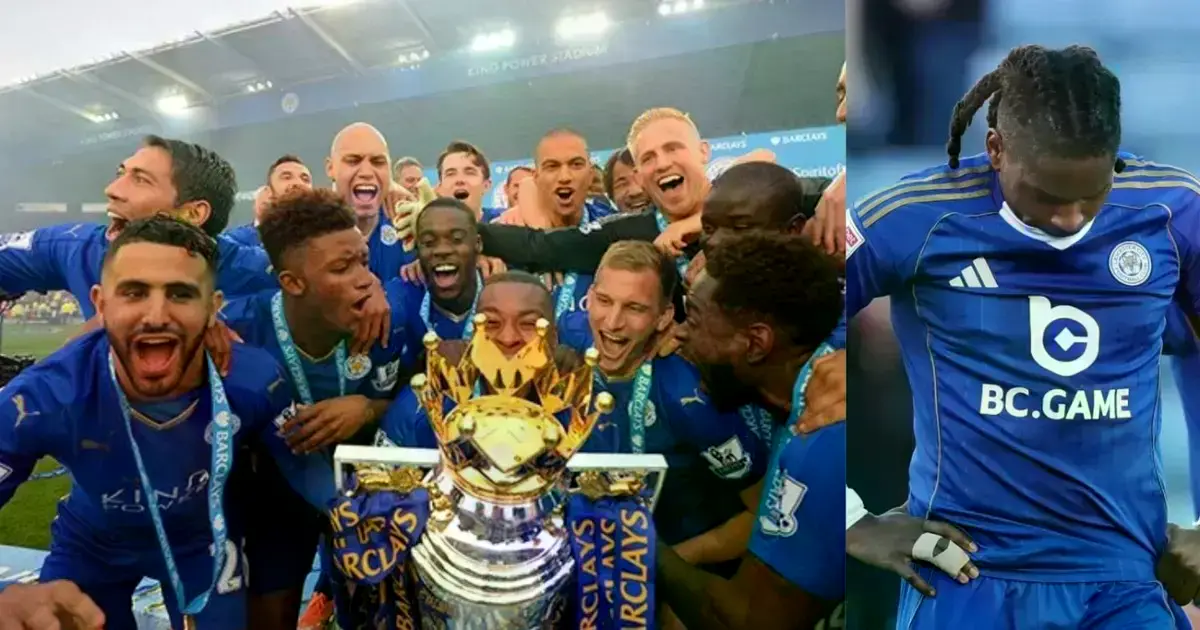 Leicester City celebrando la Premier League (izq.) y un jugador actual decepcionado por una derrota. (der.)