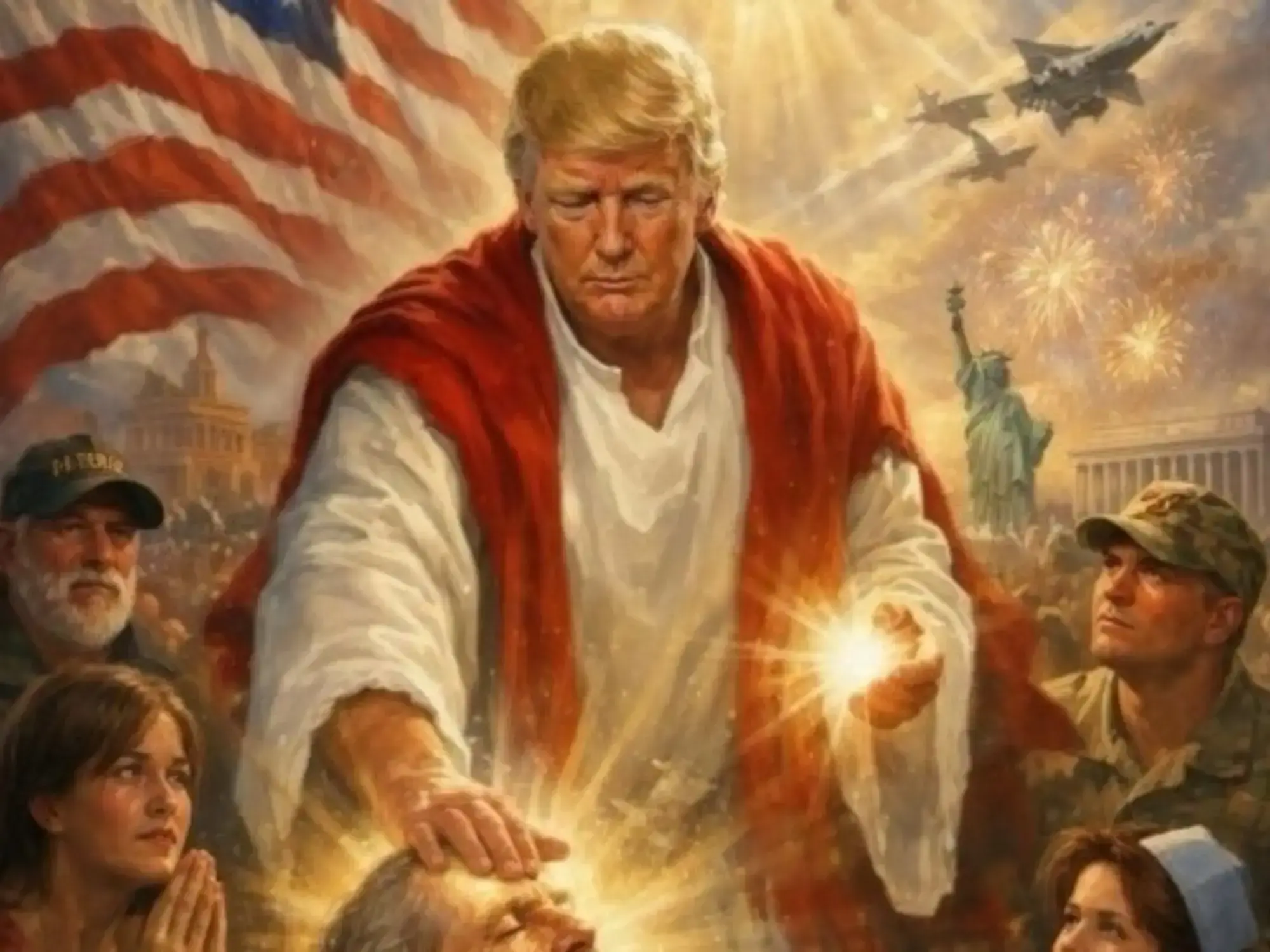 Imagen generada por IA publicada por Trump en Truth Social, donde aparece con una túnica blanca en una pose similar a Jesús.