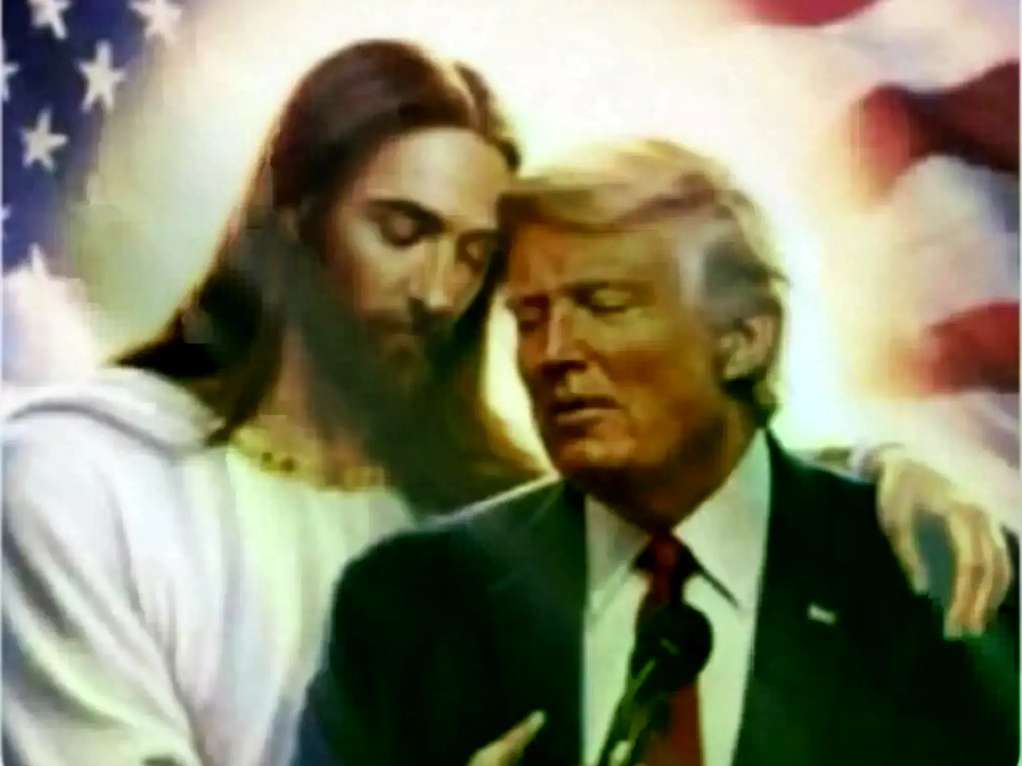 Imagen generada por IA que muestra a Jesús abrazando a Donald Trump, con la bandera de EE.UU. de fondo.