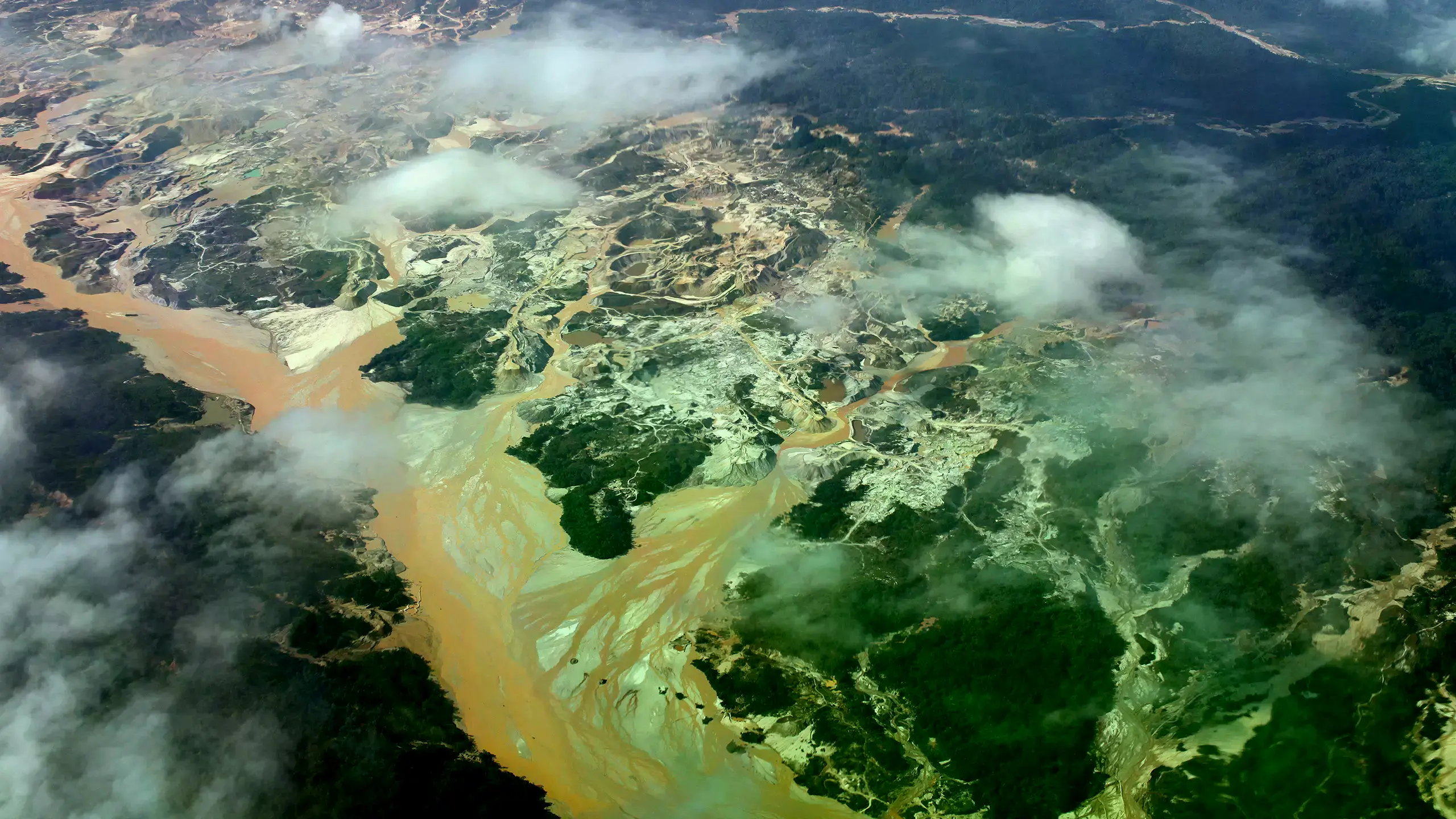 Imagen de satélite que muestra la confluencia de dos ríos en Madre de Dios, uno afectado por la minería ilegal y el otro no.