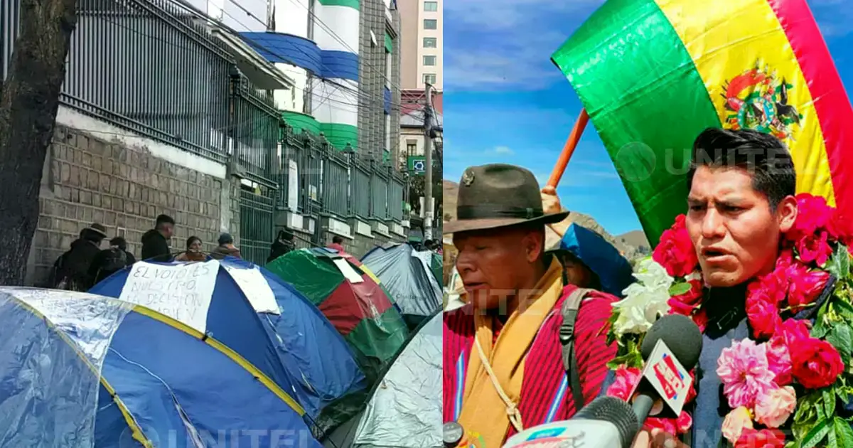 Vigilia con carpas en puertas del Tribunal Supremo Electoral en La Paz.