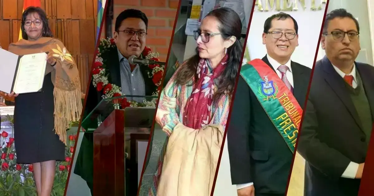 La magistrada Fanny Coaquira y parte de los acusados: César Siles, Claudia Castro, Yván Córdova e Iván Campero.