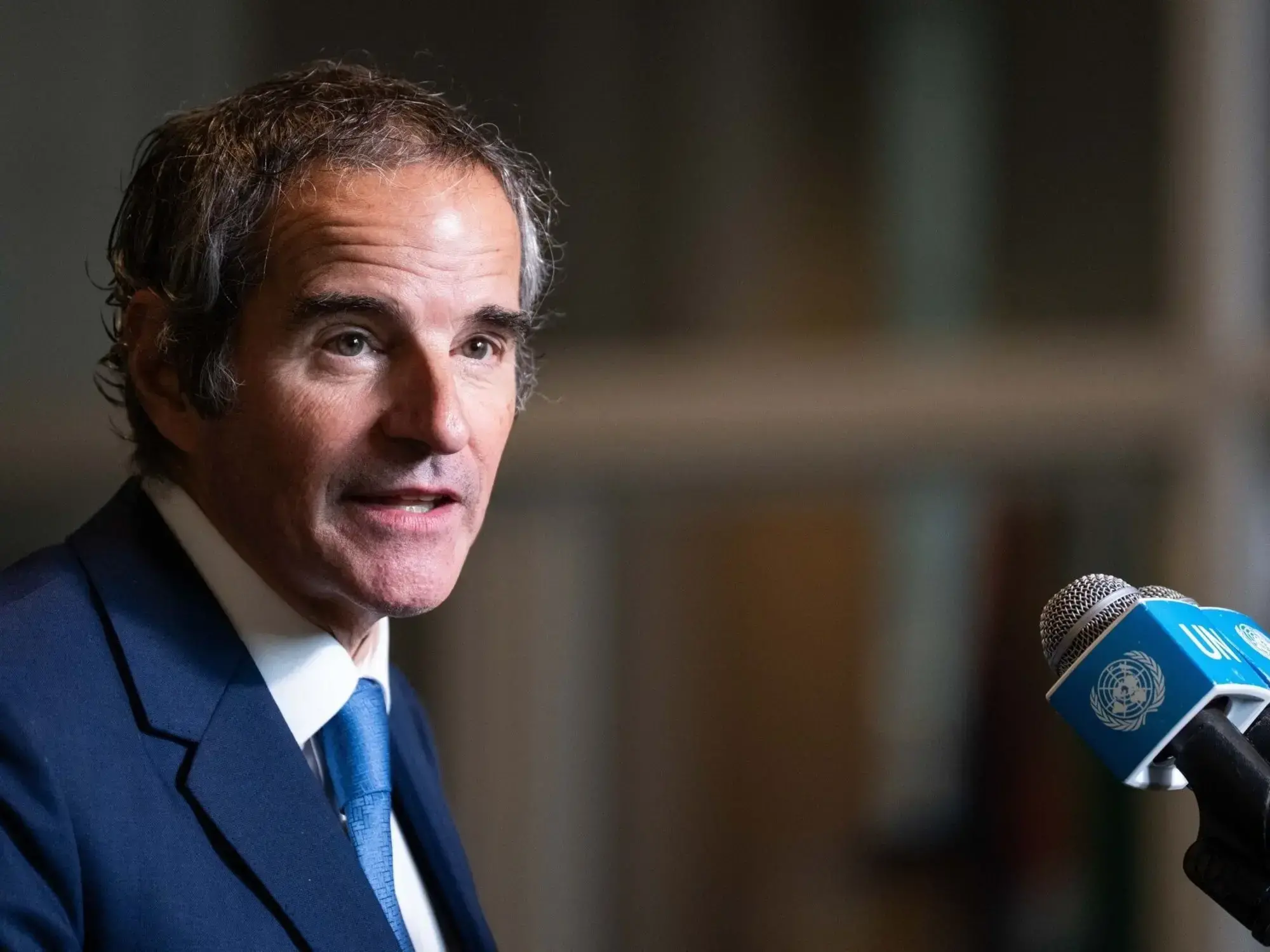 Rafael Grossi durante una presentación en la sede de Naciones Unidas en Nueva York.