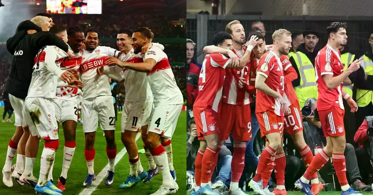 Stuttgart celebrando el pase a la final (izq.) y el Bayern festejando uno de sus goles en las semis.