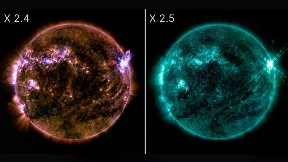 Imágenes del Observatorio de Dinámica Solar de la NASA muestran llamaradas solares como destellos brillantes en la parte supe