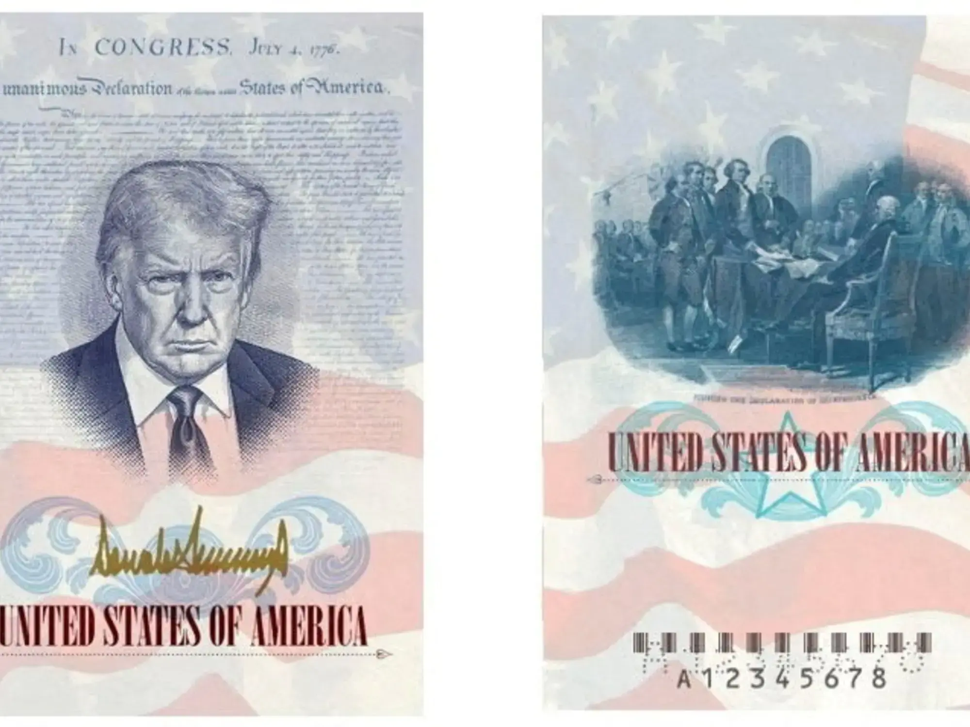 Pasaporte estadounidense con la imagen y la firma del presidente Donald Trump.