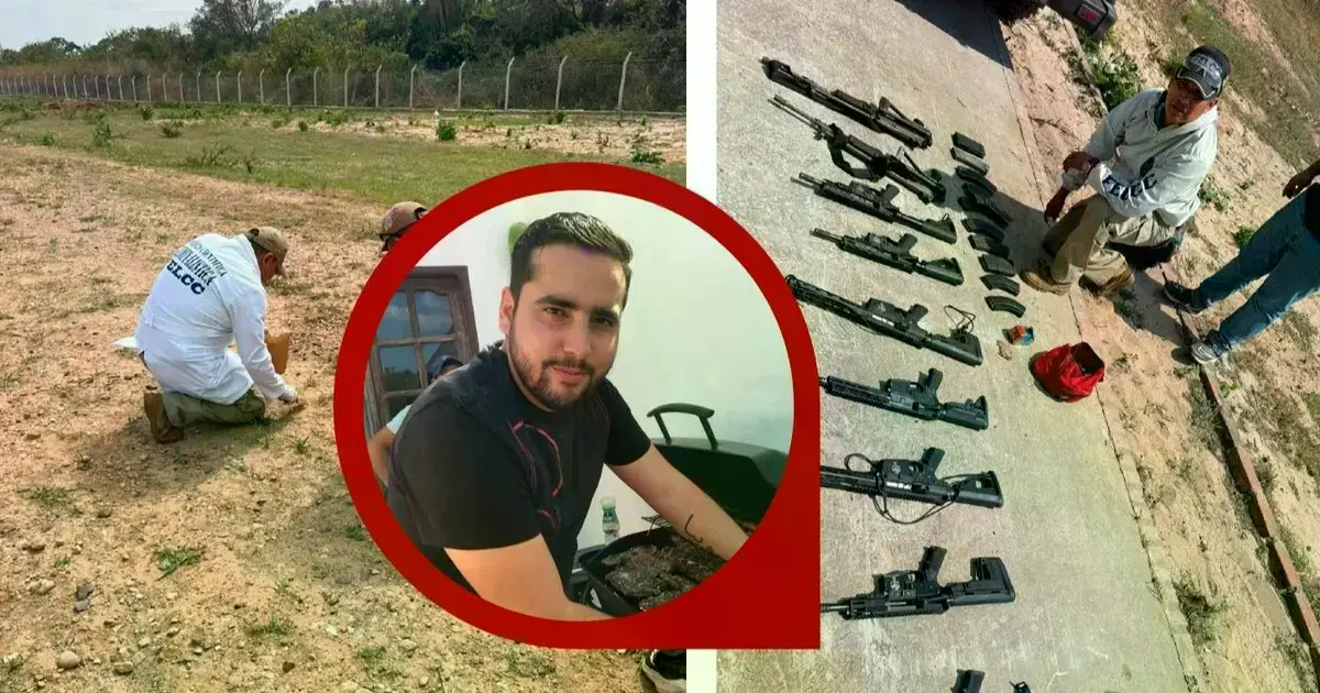 Yerko Iriarte, a los lados un perito en Coloradillo y las armas halladas en el lugar.