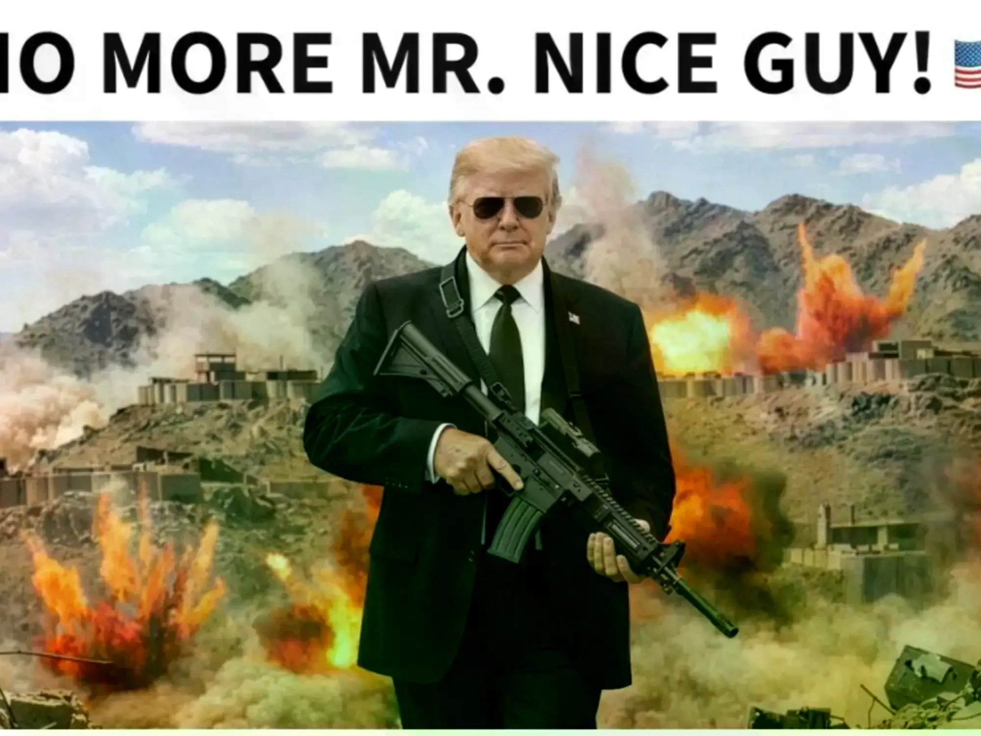 Imagen generada por inteligencia artificial de Donald Trump con gafas oscuras y un fusil, acompañada del mensaje "Se acabó el