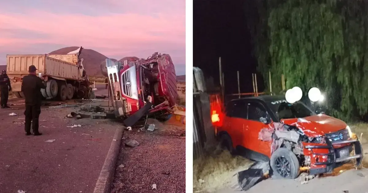 A la izquierda, la volqueta y el camión que chocaron de frente. A la derecha el vehículo del sargento fallecido en Tupiza.