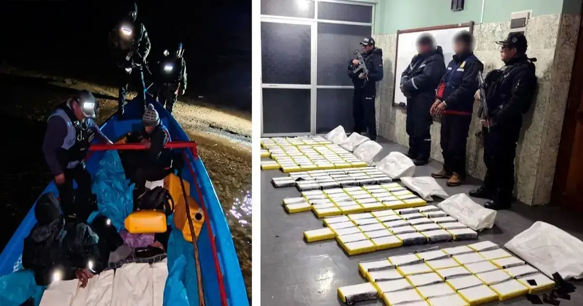 La embarcación interceptada en el lago Titicaca y la droga secuestrada. Foto: Felcn / Armada