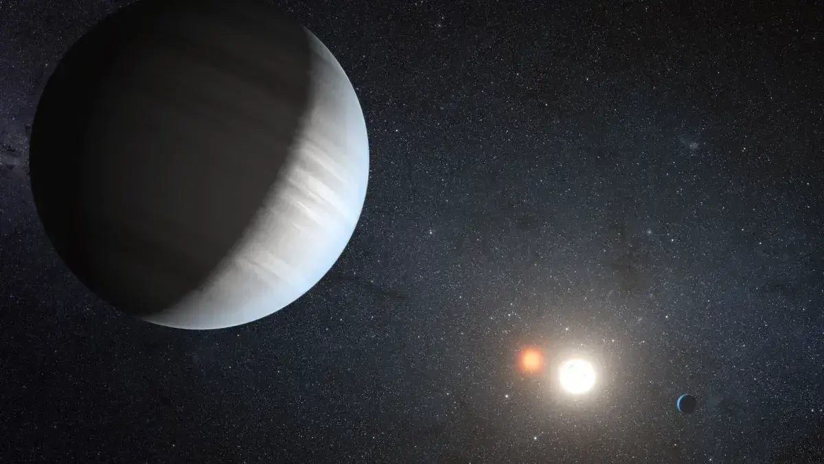 Impresión artística de dos planetas circumbinarios orbitando un sistema estelar binario.