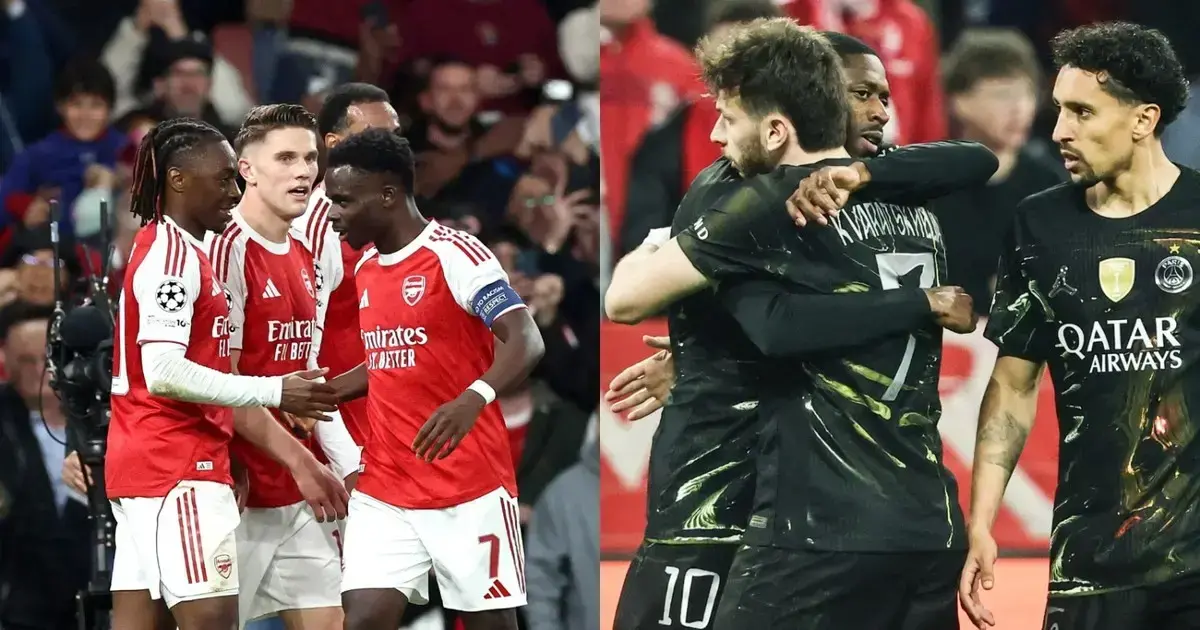 Jugadores del Arsenal (izq.) y del PSG (der.) celebrando gol.