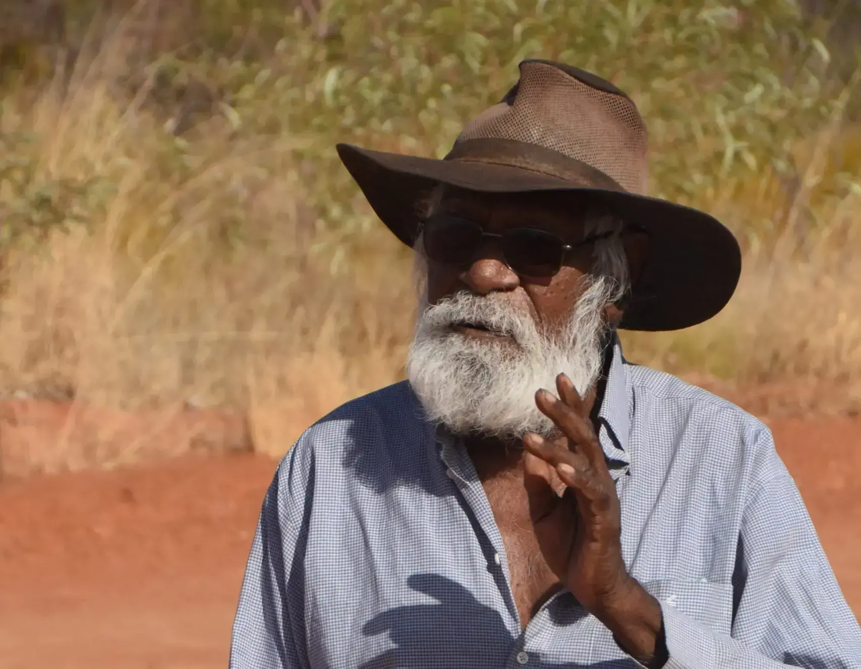 Grupo de ancianos warlpiri examina huellas en el desierto de Tanami.
