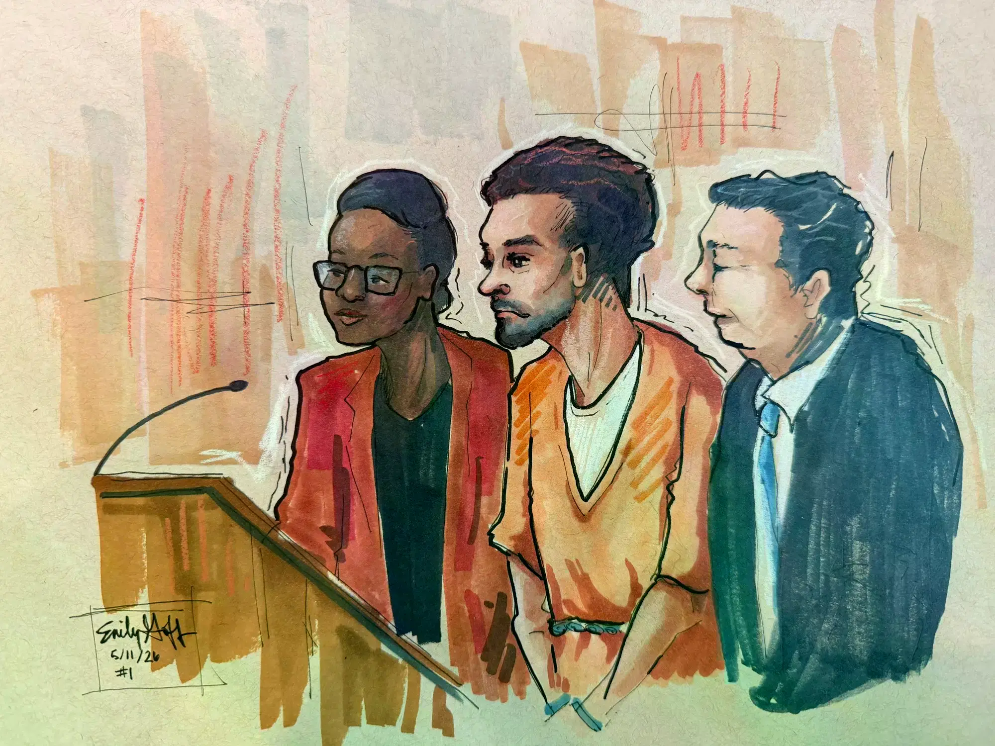 Cole Allen, en dibujo que representa su comparecencia de hoy ante la Justicia.