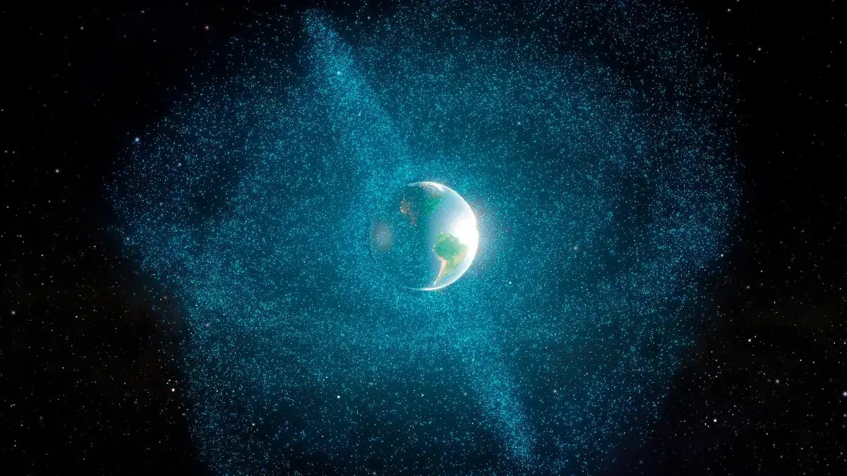 Representación artística de basura espacial orbitando la Tierra.