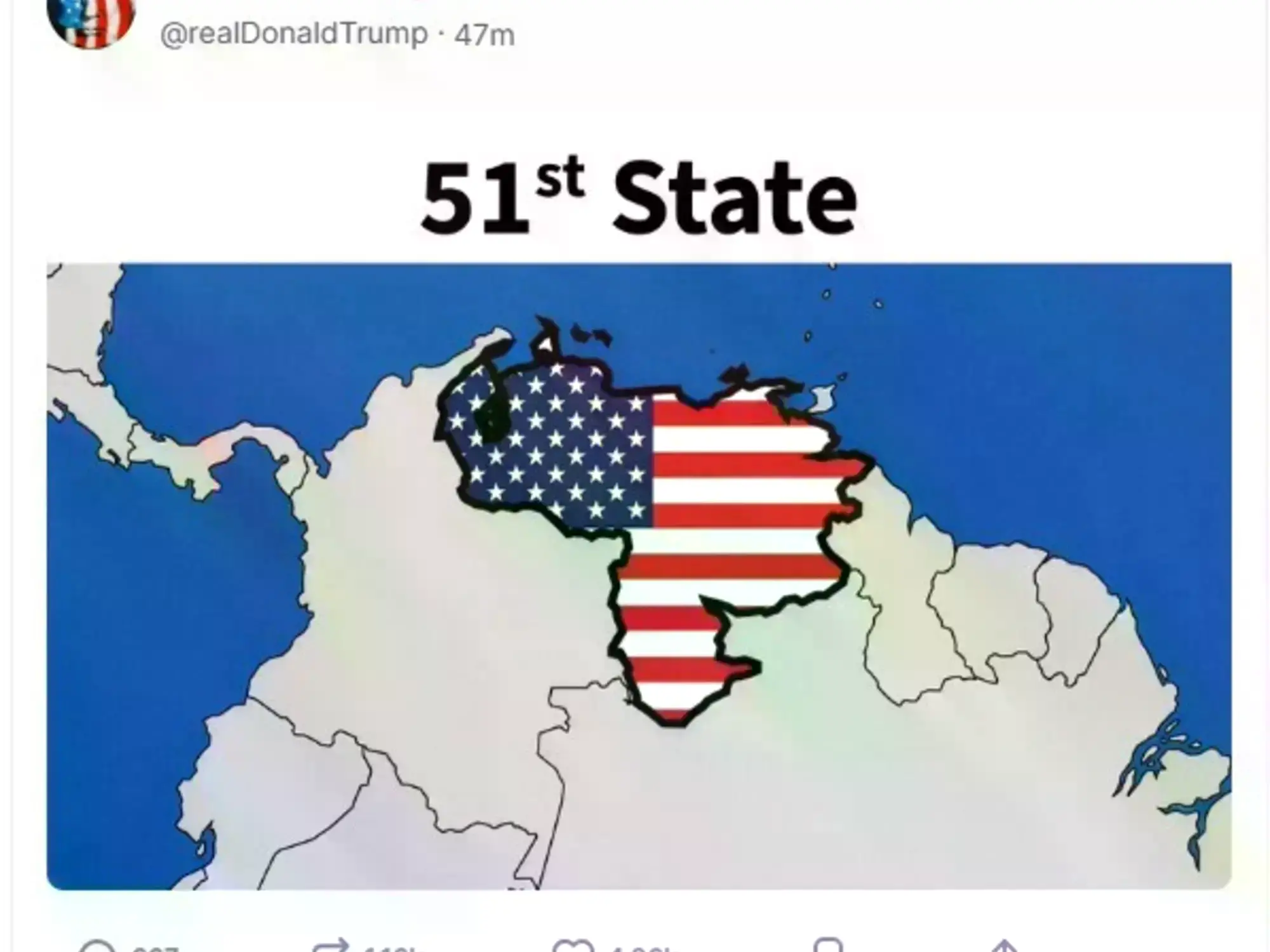 Mapa de Venezuela con bandera estadounidense y la leyenda "Estado 51", publicado por Donald Trump en Truth Social.