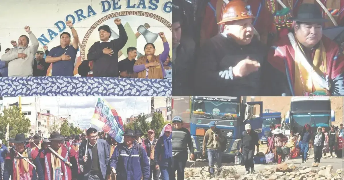 Evo Morales junto a Leonardo Loza, Mario Argollo (COB), Vicente Salazar (Ponchos Rojos) y el senador Nilton Condori.
