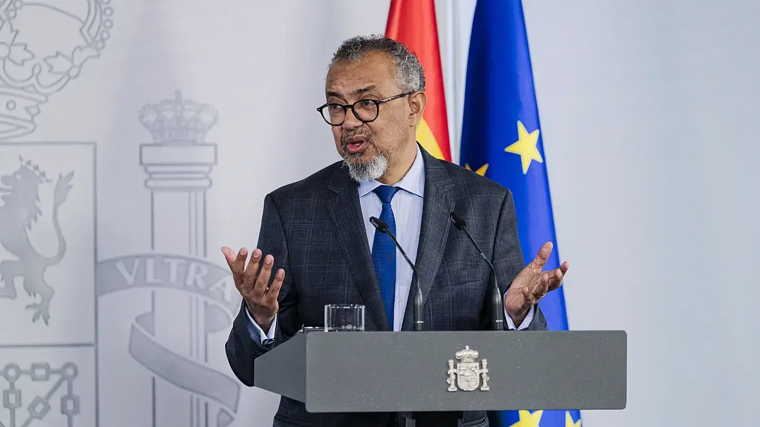 El director general de la OMS, Tedros Adhanom Ghebreyesus, en una rueda de prensa en Madrid.