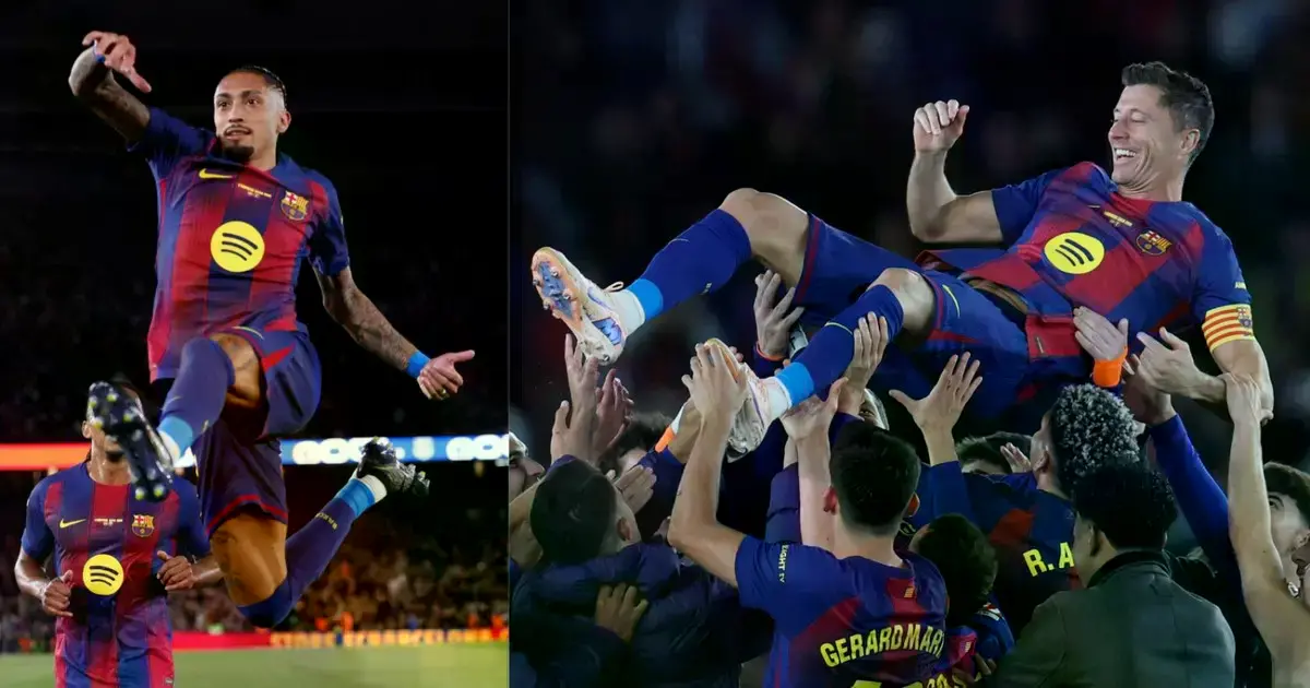Celebración de uno de los goles del brasileño (izq.) y el homenaje a Lewandowski (der.)