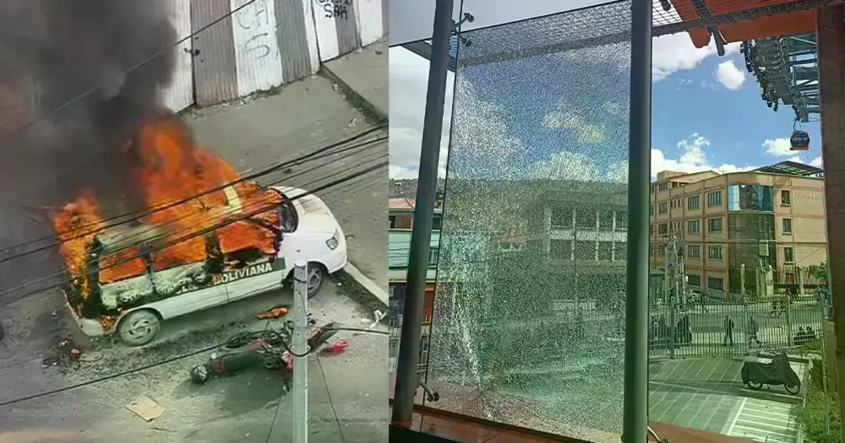 A la izquierda el vehículo policial en llamas. A la derecha se observan ventanas dañadas de Mi Teleférico.