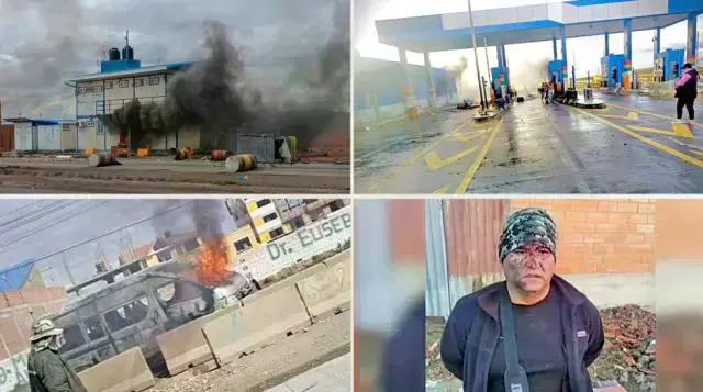 Violencia. Arriba, las oficinas de la Aduana y Vías Bolivia, tras ser atacadas y quemadas; abajo, un minibús incendiado y el
