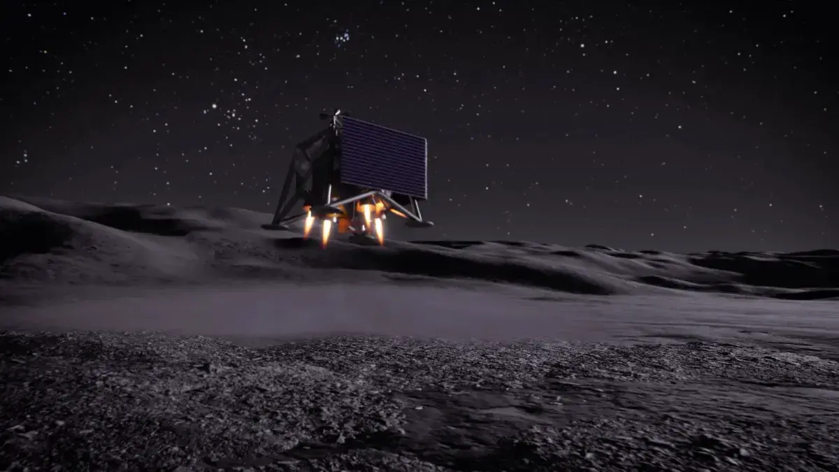 Representación artística de un dron MoonFall operando cerca del polo sur lunar.