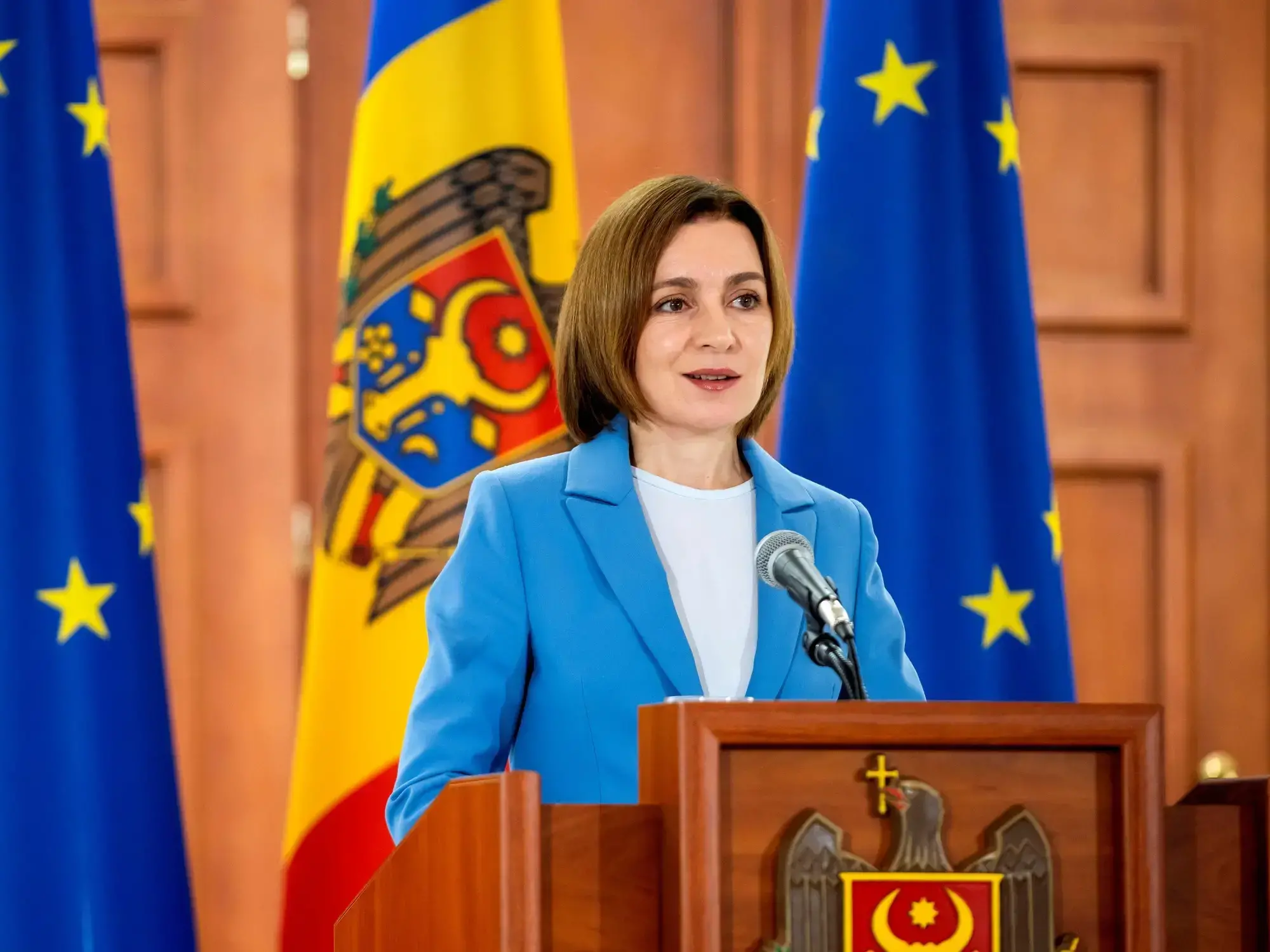 La presidenta de Moldavia, Maia Sandu, durante una conferencia de prensa en el palacio presidencial en Chisinau, Moldavia, el