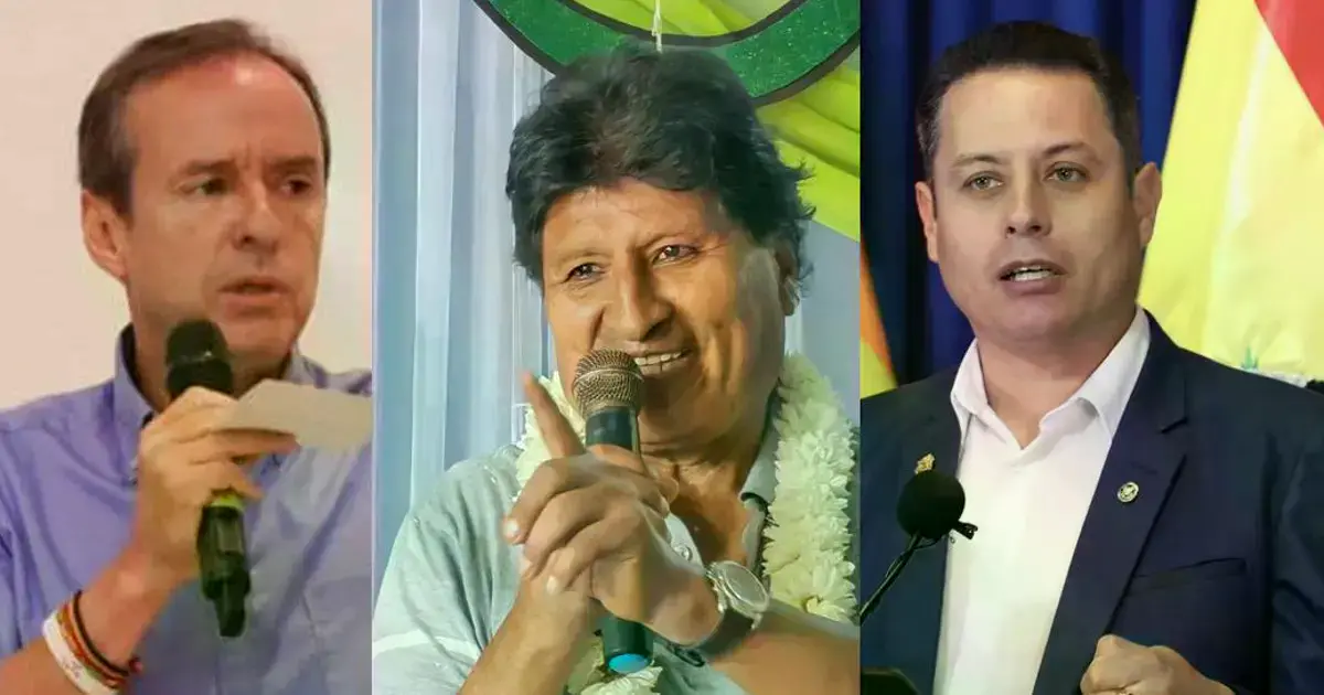 Los exdirigentes políticos Tuto Quiroga, Evo Morales y Edmand Lara durante la conferencia.
