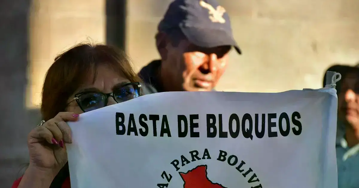 Una persona sostiene una bandera en una manifestación para exigir el desbloqueo de las carreteras
