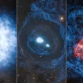 Concepto artístico de una superkilonova mostrando una supernova, dos estrellas de neutrones y su fusión final.