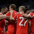 Jugadores del Bayern Munich celebrando el primer gol en el Santiago Bernabéu.