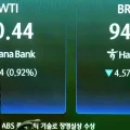 Un operador de divisas reacciona junto a una pantalla con los precios internacionales del petróleo en la sede del Hana Bank e