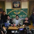 La conferencia de prensa de la Confederación Nacional de Choferes. Foto: APG