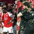 Jugadores del Arsenal (izq.) y del PSG (der.) celebrando gol.