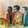 Cole Allen, en dibujo que representa su comparecencia de hoy ante la Justicia.