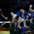Celebración de uno de los goles del brasileño (izq.) y el homenaje a Lewandowski (der.)