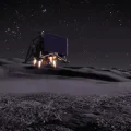 Representación artística de un dron MoonFall operando cerca del polo sur lunar.